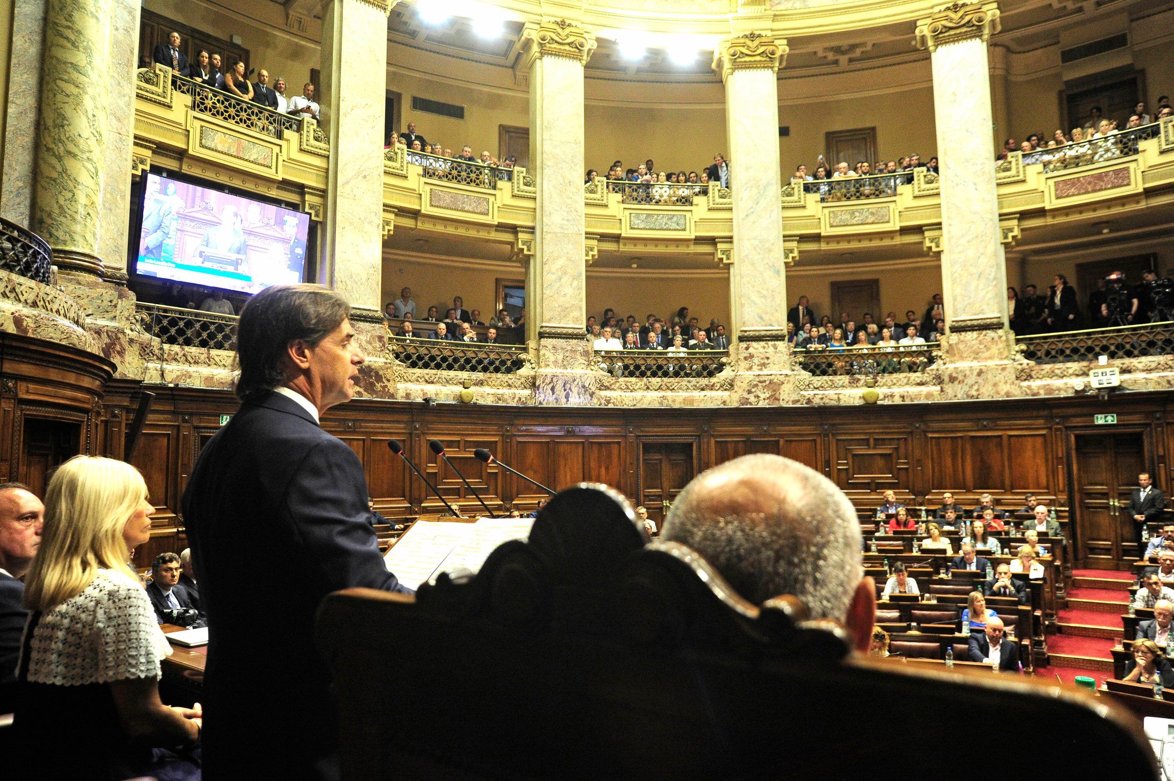 Orador en el estrado del recinto de la Asamblea General, con el hemiciclo y los palcos al fondo.