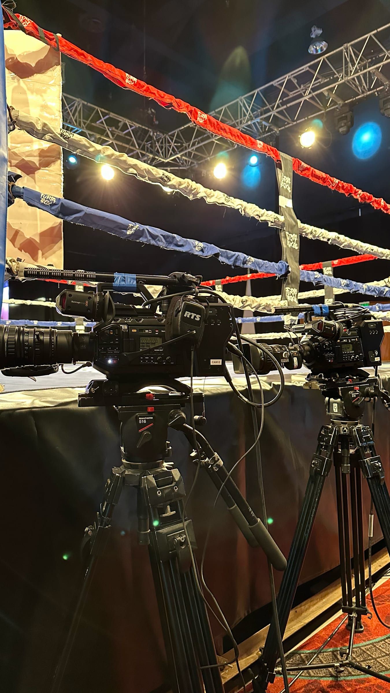 Cámara de televisión sobre trípode junto al ring, con las luces de la velada de boxeo de Enjoy Punta del Este