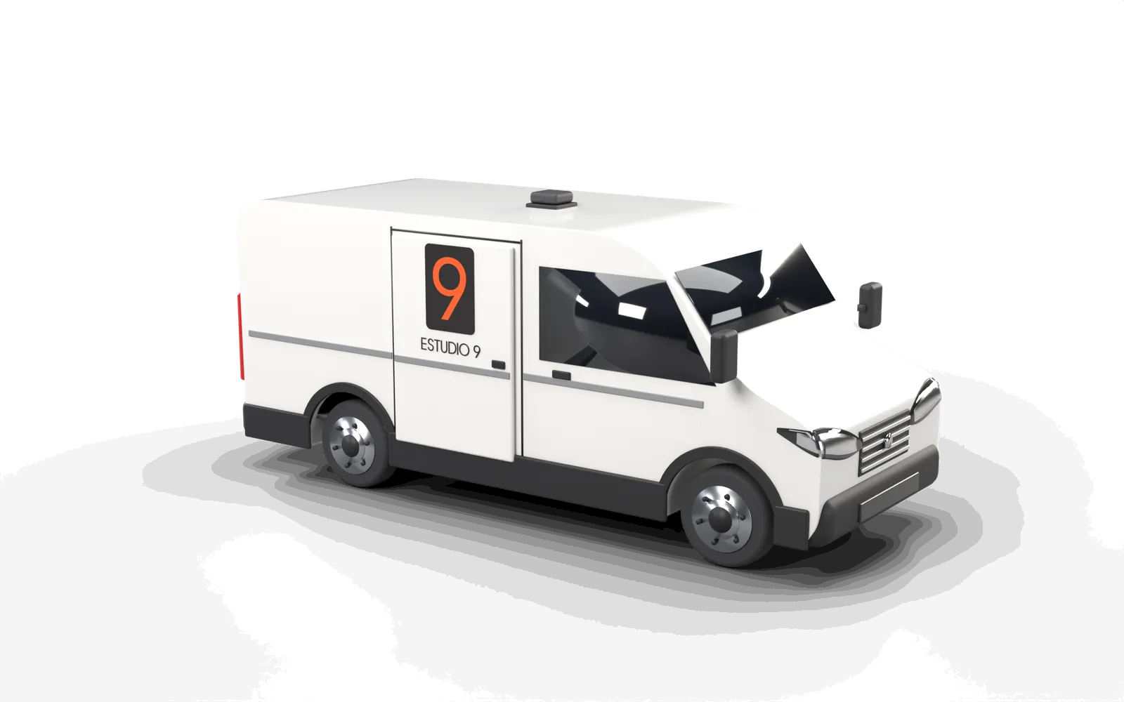 Maqueta 3D de la minivan de Estudio9 con el ploteo de la marca